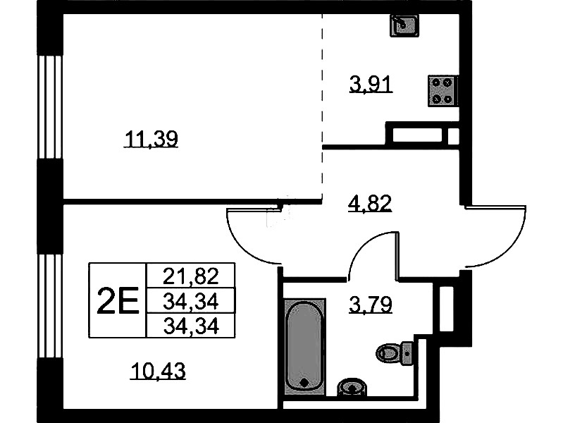 1-комнатная квартира 34.34 м², 8/9 эт., ЖК «Квартал Лаголово»